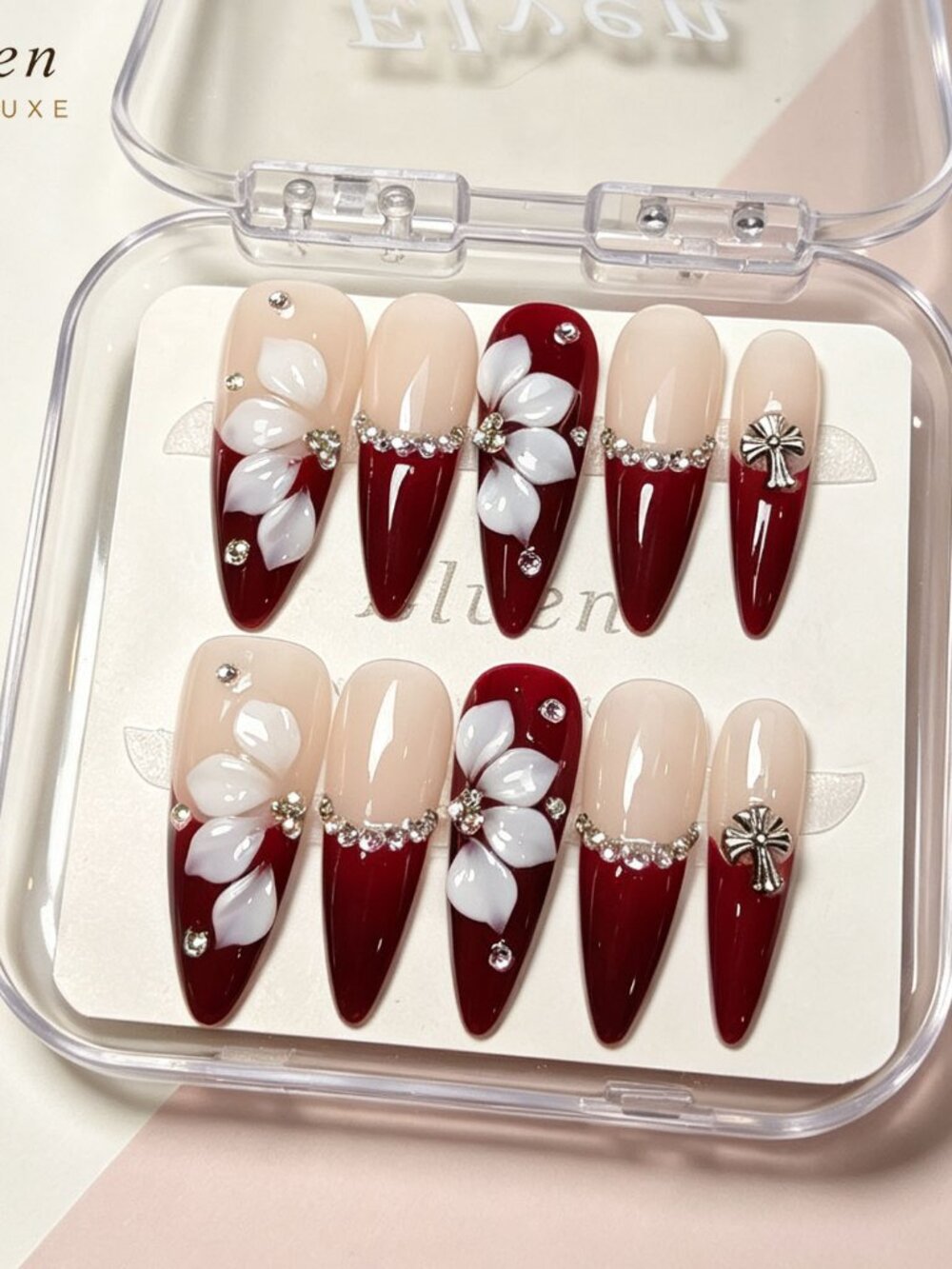 Nude Red French Tip Stiletto Press On Nails With 3D Flowers Crystals & Cross
